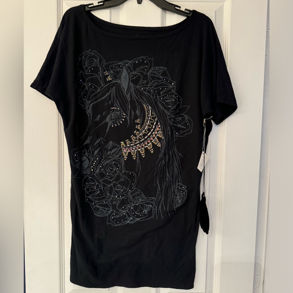 Key Closet Swarovski Studded Horse Short Sleeve Womens Black Size Medium & Small - Picture 3 of 11